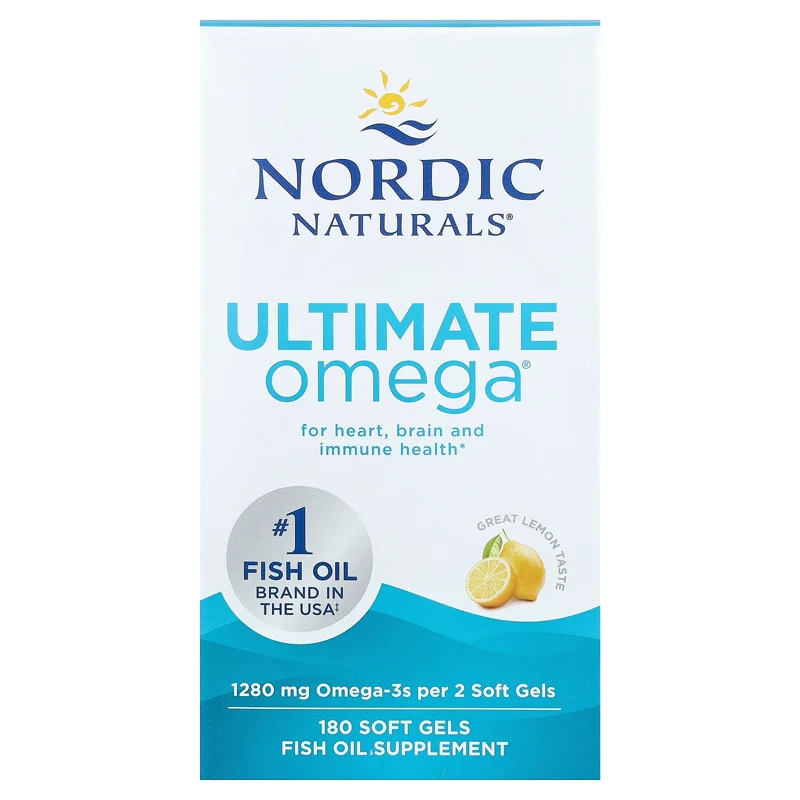Nordic Naturals Ultimate Omega fish oil box, 1280 mg per serving, lemon flavor