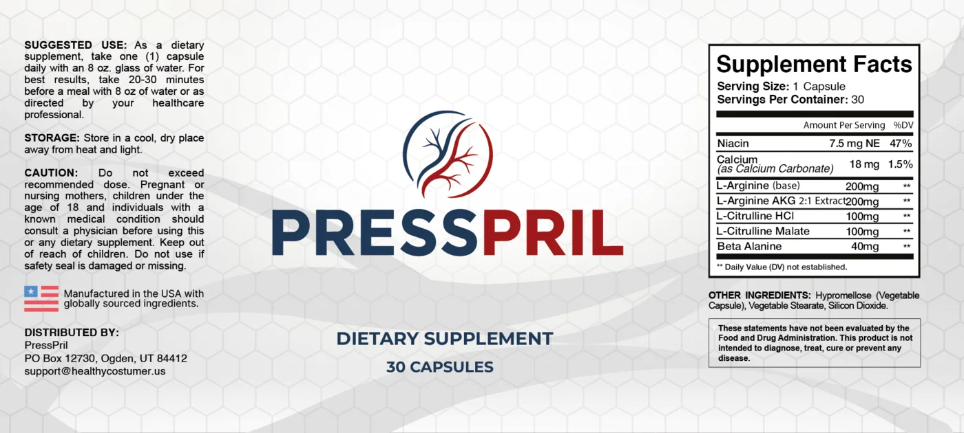 PressPril Supplement Facts label showing niacin, calcium, L-arginine, L-arginine AKG, L-citrulline HCl, L-citrulline malate, and beta alanine doses